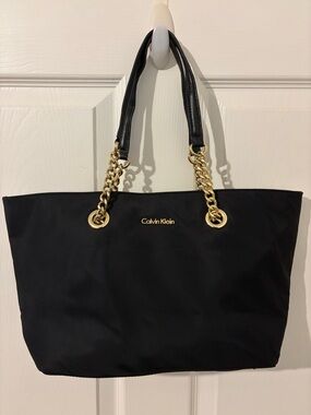 Calvin Klein Black Tote with Gold Chain Accents
